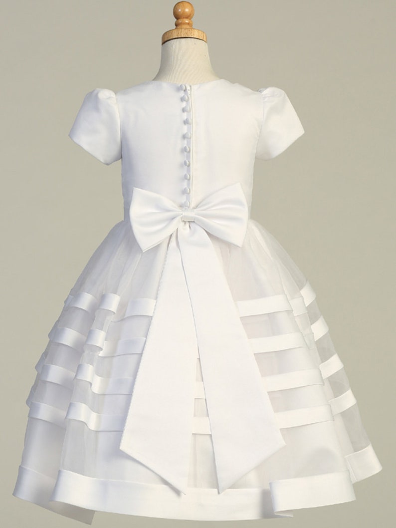 Girls White First Communion Dress, Satin Bodice w/ Organza Skirt 708 image 3