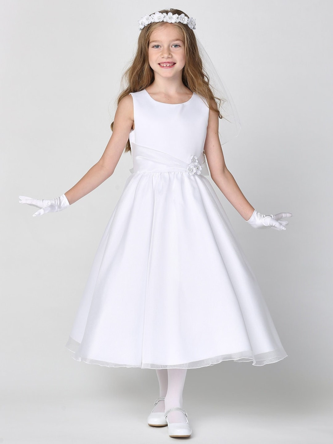 Girls White Satin First Communion Dress W/ Crystal Organza Skirt 199 - Etsy