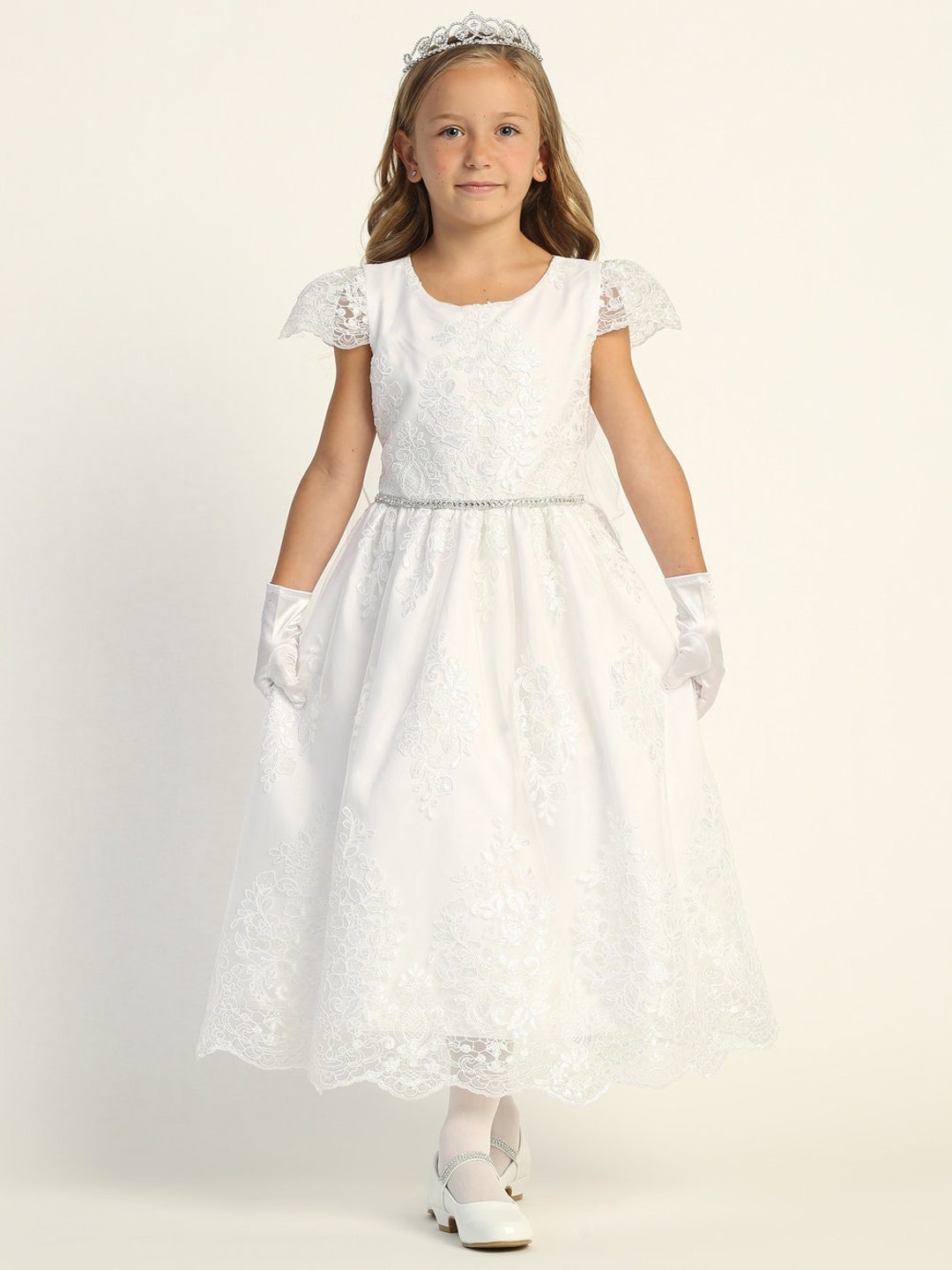 Girls White First Communion Dress W/ Corded Tulle & Sequins 207 Etsy