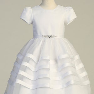 Girls White First Communion Dress, Satin Bodice w/ Organza Skirt 708 image 5
