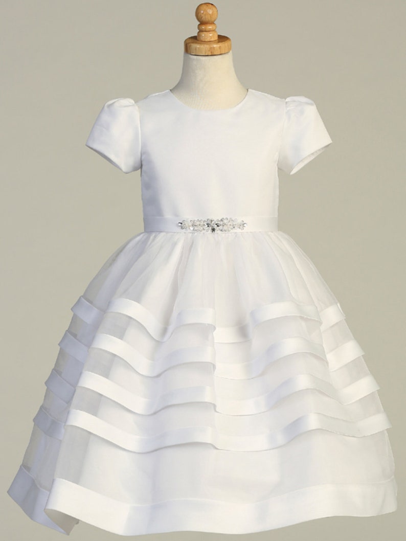 Girls White First Communion Dress, Satin Bodice w/ Organza Skirt 708 image 5