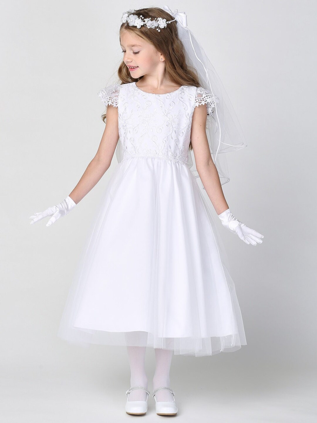 Girls First Communion Dress With Embroidered Tulle Bodice and Skirt 189