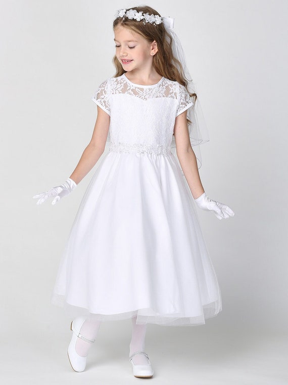 Girls First Communion Dress W/ Lace Bodice and Tulle Skirt Etsy