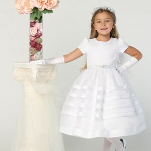 Girls White First Communion Dress, Satin Bodice w/ Organza Skirt 708 image 4