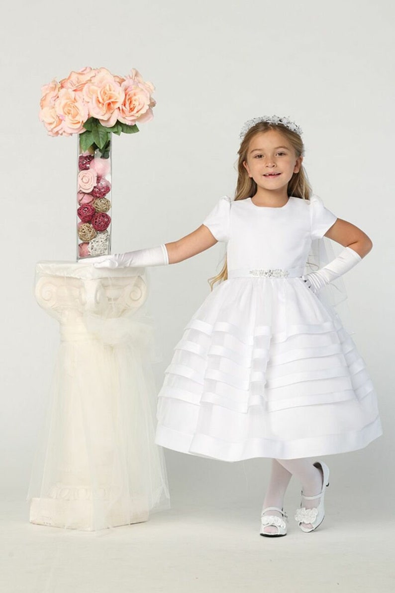 Girls White First Communion Dress, Satin Bodice w/ Organza Skirt 708 image 4