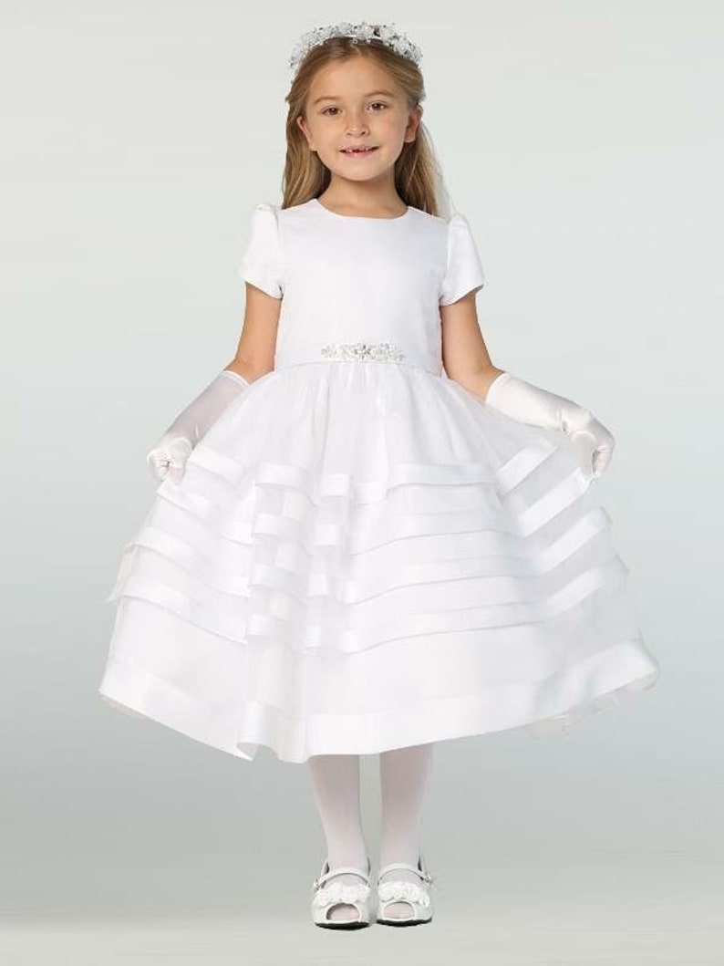 Girls White First Communion Dress, Satin Bodice w/ Organza Skirt 708 image 1