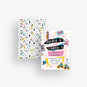 May include: A pink and blue birthday party invitation with a retro 80s theme. The invitation features a cassette tape, a boombox, roller skates, and a phone. The text on the invitation reads "Avery is 11 and Laiken is 5 Birthday Party! September 26th - 2:00 PM 113 Farm Way Road RSVP - Rad Mom 123 156 7870"