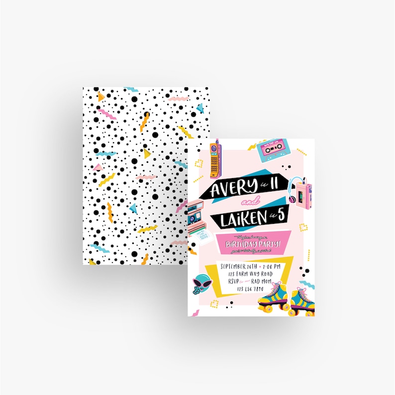 May include: A pink and blue birthday party invitation with a retro 80s theme. The invitation features a cassette tape, a boombox, roller skates, and a phone. The text on the invitation reads "Avery is 11 and Laiken is 5 Birthday Party! September 26th - 2:00 PM 113 Farm Way Road RSVP - Rad Mom 123 156 7870"