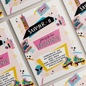 May include: A pink and yellow birthday party invitation with a retro 80s theme. The invitation features a cassette tape, a camera, a phone, and roller skates. The text on the invitation reads "Sawyer is 11" and "Join us for her birthday party!" The invitation also includes the date, time, and location of the party.