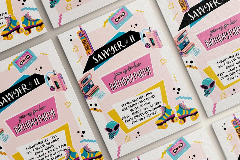 May include: A pink and yellow birthday party invitation with a retro 80s theme. The invitation features a cassette tape, a camera, a phone, and roller skates. The text on the invitation reads "Sawyer is 11" and "Join us for her birthday party!" The invitation also includes the date, time, and location of the party.