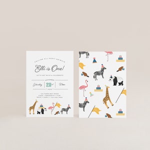 party animal wild zoo birthday invitation first birthday simple modern invite baby shower horse sheep pig cow second down on the farm