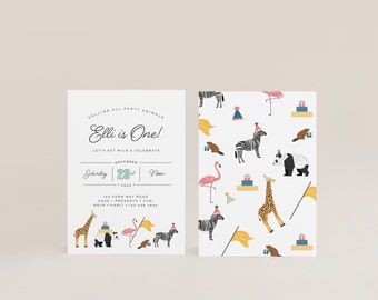 party animal wild zoo birthday invitation first birthday simple modern invite baby shower horse sheep pig cow second down on the farm