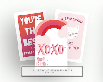 Girls Valentine's Day Classroom Card Cat Rainbow Instant Download Kids School Print