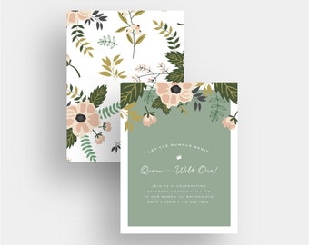 wild one girl birthday invite invitation, where the wild things are, spring floral, first birthday, baby shower, digital. modern, simple