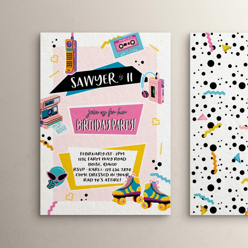 May include: A pink and yellow birthday invitation with a retro 70s theme. The invitation features a cassette tape, a rotary phone, roller skates, and a camera. The text on the invitation reads "Sawyer is 11" and "Join us for her birthday party!"