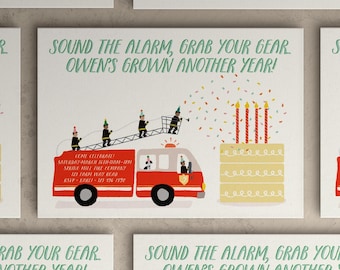 May include: A red fire truck with a ladder and firefighters on it. The truck is driving towards a yellow and white cake with red candles. The text on the card says "Sound the alarm, grab your gear, Owen's grown another year!"
