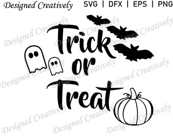 May include: Black and white graphic design with the text "Trick or Treat" in a stylized font. The design also includes two ghosts, three bats, and a pumpkin.