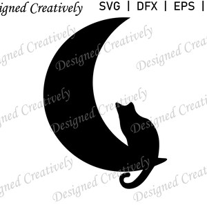 May include: Black silhouette of a cat sitting on a crescent moon.