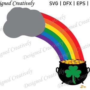 May include: A rainbow with a gray cloud above it ends in a black pot filled with gold coins and a green shamrock.