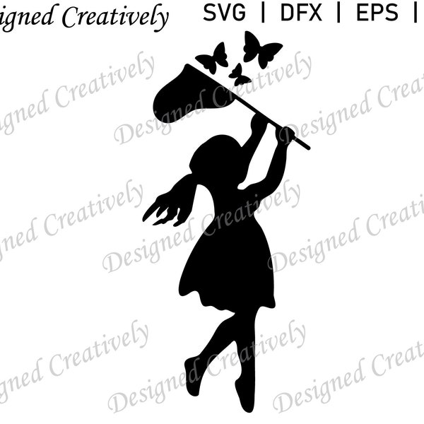 Girl Silhouette SVG, Butterfly SVG, Girl Chasing Butterflies SVG, Flying Butterflies svg, Girl Playing svg, Girl svg, Child svg, Children