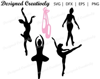 May include: Silhouettes of four ballerinas in various poses. One ballerina is wearing a tutu. The other three ballerinas are wearing leotards. There are two pink ballet shoes hanging from a ribbon.