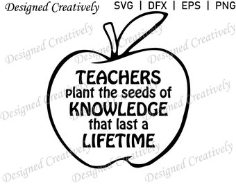 May include: Black and white illustration of an apple with a leaf on top. The apple has the text "TEACHERS plant the seeds of KNOWLEDGE that last a LIFETIME" inside.