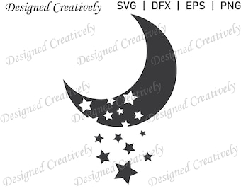 May include: A black crescent moon with white stars inside and falling from the moon. The stars are scattered around the moon.