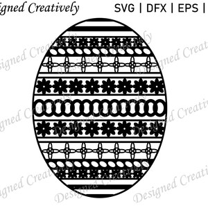 Puede incluir: Ilustración en blanco y negro de un huevo de Pascua con un patrón decorativo de círculos, flores y líneas.