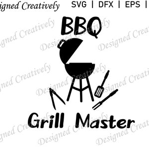 May include: Black and white silhouette of a grill with the text "BBQ" above it and "Grill Master" below it.