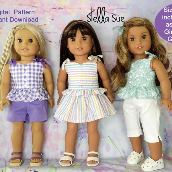 Stella Sue DIGITAL PATTERN Bring Spring Peplum Top, Dress, Capris, Shorts to fit 18" dolls such as Our Generation and American Girl