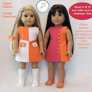 Op de afbeelding: Twee poppen in mouwloze jurken. De ene jurk is wit en oranje, de andere roze en oranje. De jurken zijn ontworpen voor poppen van 45,7 cm. De afbeelding bevat de tekst "Digital Pattern" en "Instant Download".