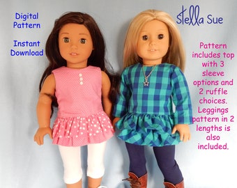 Stella Sue DIGITAL PATTERN for top Sized to fit 18"  dolls  with leggings and 2 ruffle and 3 sleeve options