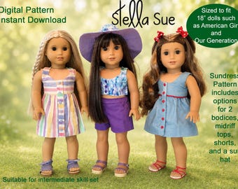 Stella Sue Sundress, Sun hat, Midriff tops and Shorts DIGITAL PATTERN designed to fit 18" dolls such as American Girls