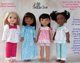 Stella Sue DIGITAL PATTERN Slumber Party  Nightgown and Pajamas sized to fit 14" dolls such as Wellie Wishers and Glitter Girls