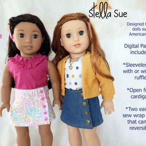 Puede incluir: Un patrón de costura digital para muñecas de 45 cm, que incluye una blusa sin mangas con o sin volante, una chaqueta abierta por delante y dos faldas envolventes reversibles. El patrón está diseñado para muñecas como American Girl. La imagen muestra dos muñecas con las prendas terminadas.