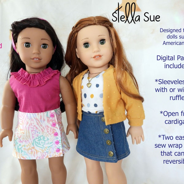 Stella Sue DIGITAL PATTERN Wrap Skirt, Cardigan, and sleeveless top to fit 18 inch Dolls