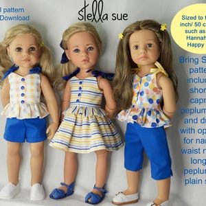 May include: Three dolls dressed in handmade outfits, including shorts, capris, and dresses. The tops are peplum style with different patterns. The image text reads "Bring Spring pattern" and "Digital pattern Instant Download".