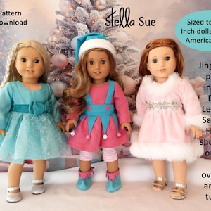 May include: Three 18-inch dolls wearing different Christmas outfits. The doll on the left is wearing a light blue dress with a sparkly pattern. The doll in the middle is wearing a pink dress with a blue elf skirt and a Santa hat. The doll on the right is wearing a pink dress with a white fur trim and a silver belt. The text on the image reads "Digital Pattern Instant Download", "Stella Sue", "Sized to fit 18 inch dolls such as American Girls", "Jingle Bells pattern includes Dress, Leggings, Santa/Elf Hat, Elf shoes, felt or lined Elf overskirt, and belt tutorial".