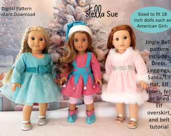 May include: Three dolls wearing holiday-themed outfits. The left doll wears a blue dress with a bow. The center doll wears a pink dress with a blue elf-style overskirt, striped leggings, and a blue hat. The right doll wears a pink dress with white fur trim.