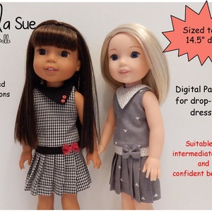 Stella Sue DIGITAL PATTERN/ Pleated Dress with Asymmetrical collar/ to fit 14.5 inch dolls such as Wellie Wishers and Glitter Girls