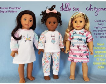 Stella Sue Cat's Pajamas Pajamas and Nightgown DIGITAL PATTERN to fit 18" dolls