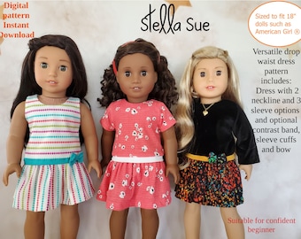 Stella Sue DIGITAL PATTERN drop waist dress to fit 18"  dolls sleeve and contrast options