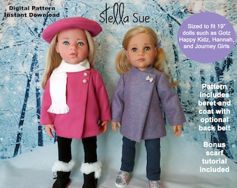 Stella Sue DIGITAL PATTERN  for Asymmetrical Coat and Beret sized to fit 19 inch dolls such as Gotz Happy Kidz, Hannah and Journey Girls