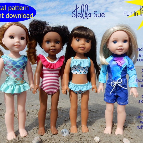 Stella Sue Fun in the Sun DIGITAL PATTERN sized to fit 14.5 inch dolls  swimsuits rash guard and board shorts