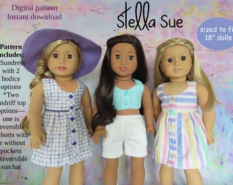 Stella Sue Sundress, Sun hat, Midriff tops and Shorts DIGITAL PATTERN designed to fit 18" dolls such as American Girls