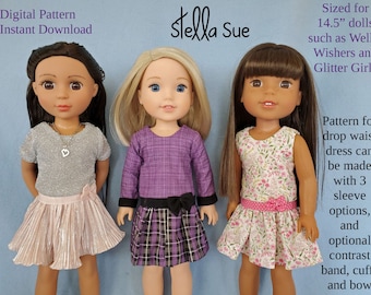 Stella Sue Drop waist DIGITAL DRESS PATTERN sized to fit 14.5 inch dolls