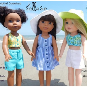 Stella Sue digital pattern Sundress, shorts, midriff top, and sunhat sized to fit 14 inch dolls such as Wellie Wishers & Glitter girls