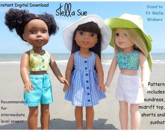 Stella Sue digital pattern Sundress, shorts, midriff top, and sunhat sized to fit 14 inch dolls such as Wellie Wishers & Glitter girls