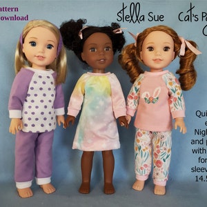 Stella Sue Cat's Pajamas Pajamas and Nightgown DIGITAL PATTERN to fit 14.5"  dolls such as Wellie Wishers