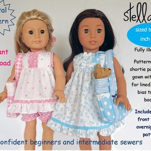 Può includere: Un modello di cucito digitale per bambole di 45,7 cm, con un vestito a pois rosa e bianco e un vestito a pois blu e bianco con una tasca. Il modello include istruzioni per realizzare un pigiama corto e un vestito con opzioni per un corpetto foderato o un corpetto rifinito con un bordo obliquo. Il modello include anche un modello bonus per una borsa da viaggio con tasca frontale. Il testo "Stella Sue" e "taglia per bambole di 45,7 cm" è visibile nell'immagine.